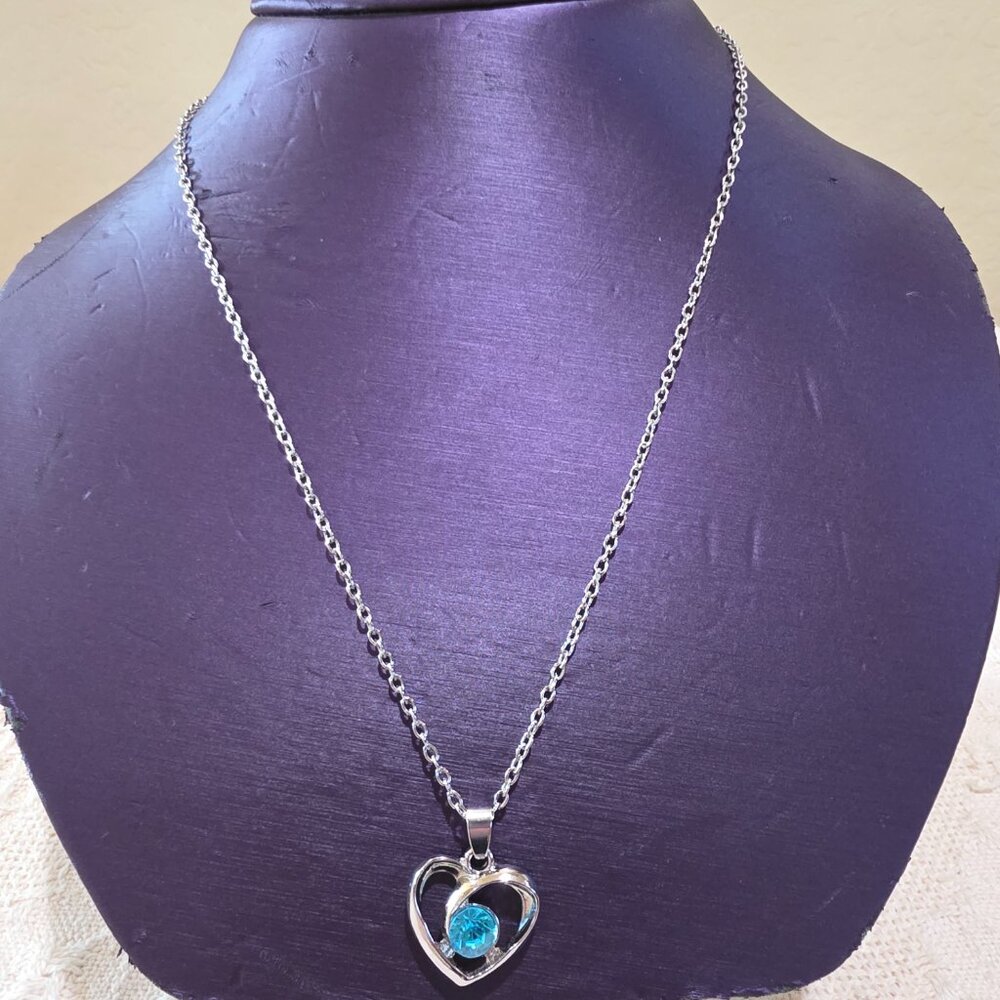 Silver-tone Light Blue Solitaire Stone Open Heart Pendant Silver Chain Necklace